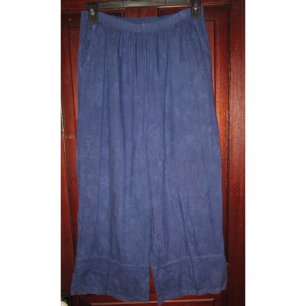 Steel Pony 1 M L 100% Linen Pants Wide Cropped Flood Blue Elastic Pull On Blue